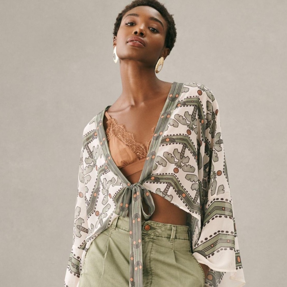 NWT | By Anthropologie Art Deco Tropical Palm Tree Printed Wrap Top | OS